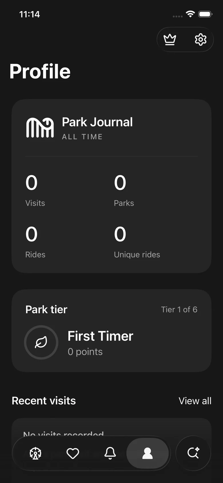 Parkgoer journal overview with visit and ride counts