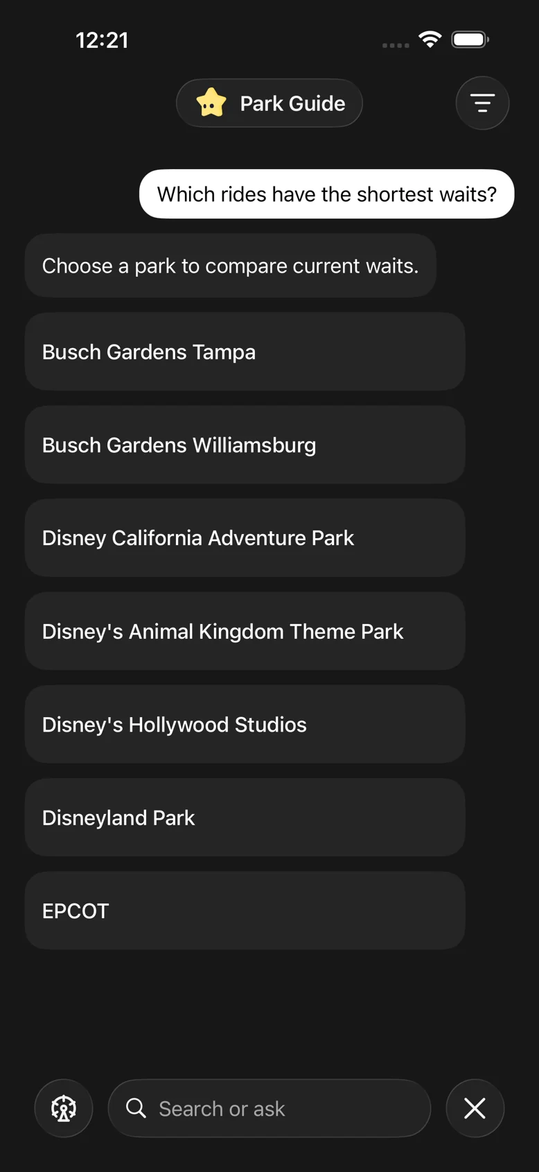 Park Guide offering park clarification choices